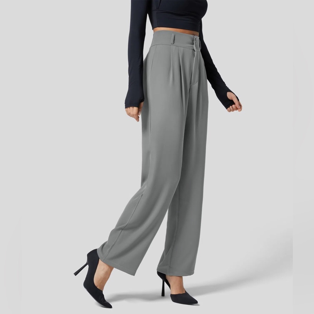 Halara High Waisted Button Zipper Side Pocket Shirred Straight Leg Work Pants 👖 - Picture 5 of 6